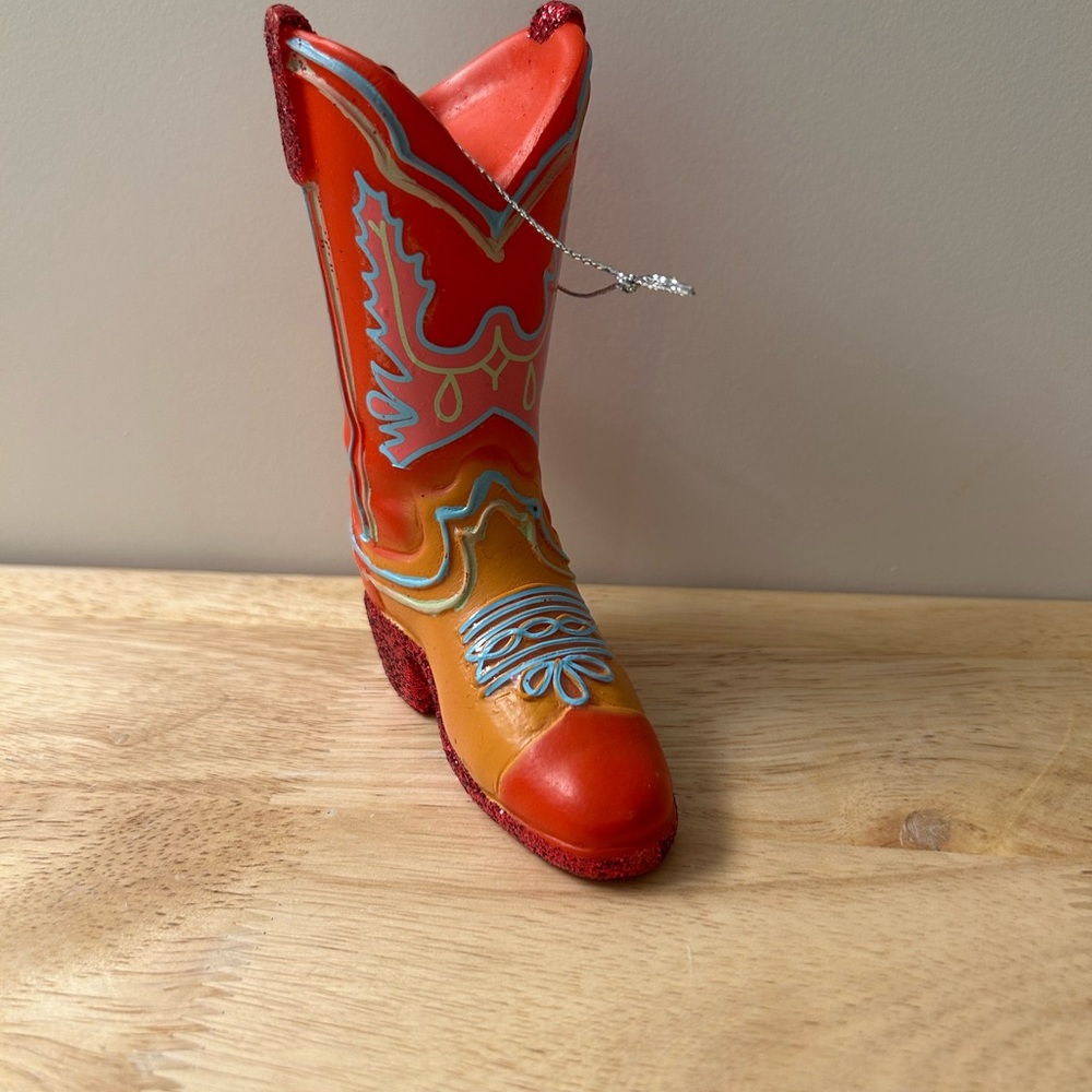 Western Cowboy Boot Ornament Red Glitter Heel Country Christmas Decor NWT